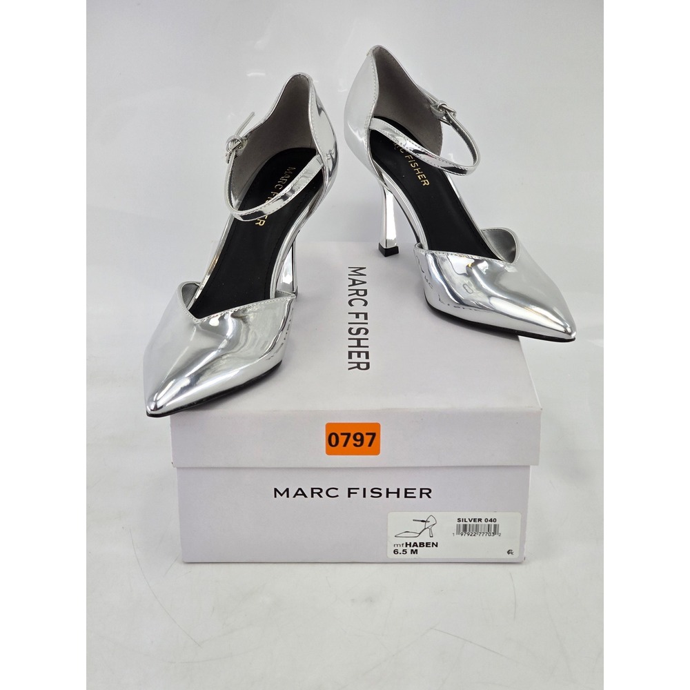 Marc Fisher Haben Pumps Womens 6.5 Silver Metallic Pointed Toe Ankle Strap - NEW